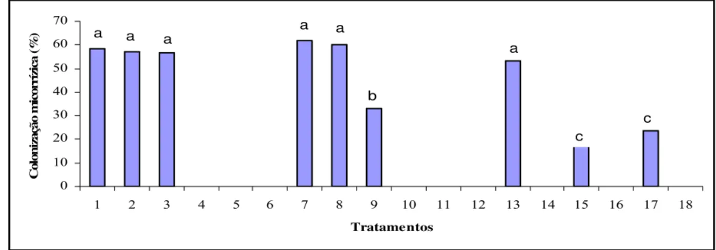 Figura 6.  Percentagem de colonização micorrízica arbuscular em raízes de pimentão  (Capsicum annuum L.), aos quarenta e cinco dias de cultivo em diferentes  substratos
