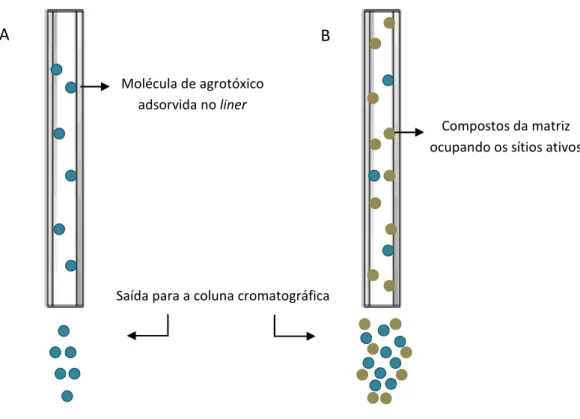Figura 13 - Fenômeno de adsorção dos agrotóxicos nos sítios ativos do liner. A) Agrotóxicos injetados  na ausência dos componentes da matriz