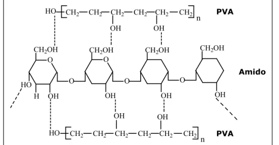 Figura  7:  Representação  da  possível  formação  de  ligações  de  hidrogênio  entre  o  amido e o PVA nas blendas (SIDDARAMAIAH e SOMASHEKAR., 2004) 