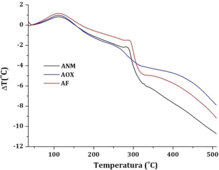 Figura 14: Termogramas DTA dos amidos ANM, AOX e AF 
