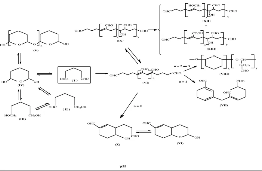 Figura 17. Estruturas do reagente glutaraldeído em função do pH. Estruturas : (I) forma monomérica do glutaraldeído; (II), (III) e (IV) formas reduzidas do  glutaraldeído; (V) forma oligomérica da estrutura (IV); (VI) estrutura α,β insaturada; (VII) e (VII