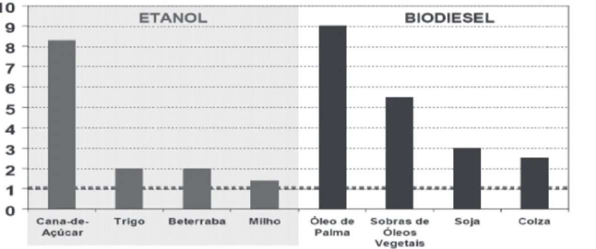 Figura 6 – Energia contida no combustível/energia fóssil usada para produzi-lo.