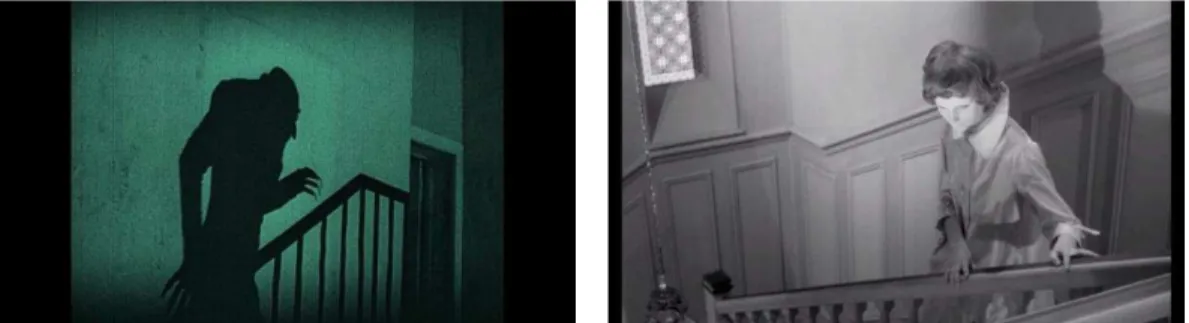 Figura 6  –  Nosferatu se prepara para atacar Ellen (Murnau, 1922, 88min19s); Christiane espreita  pela mansão (Franju, 1960, 16min47s)