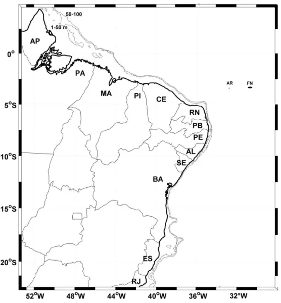 Figura 1  – Mapa do Brasil com  limites geográficos dos  Estados, com as siglas dos  Estados  costeiros e das ilhas oceânicas Atol das Rocas (AR) e Fernando de Noronha (FN)