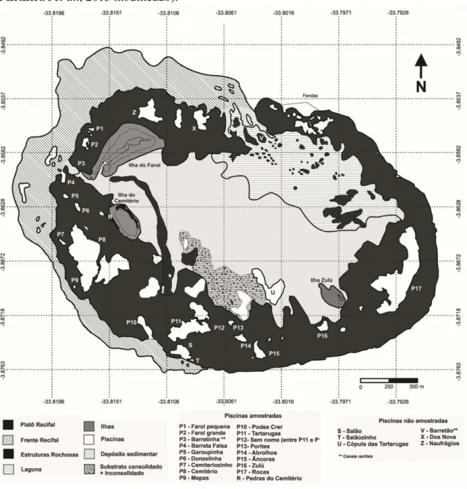 Figura 4  –  Mapa com características geomorfológicas e áreas amostradas no Atol das Rocas  (PEREIRA et al., 2013 modificado)