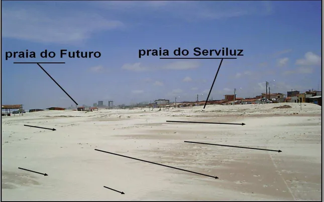 Figura 3.5 – Faixa  de praia (estirâncio) no Serviluz, em fevereiro de 2005. Notar ao fundo (parte  central) a praia do Futuro
