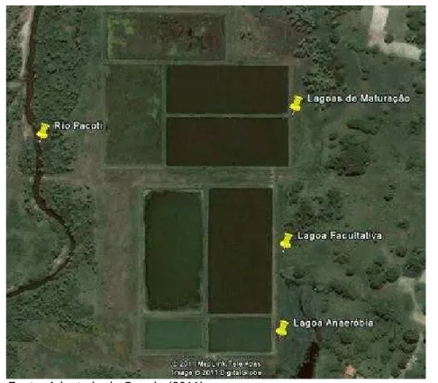 Figura 11 - Imagem de satélite do sistema de lagoas de estabilização usado na  pesquisa assim como um trecho do Rio Pacoti, Aquiraz-CE, Brasil, 2011
