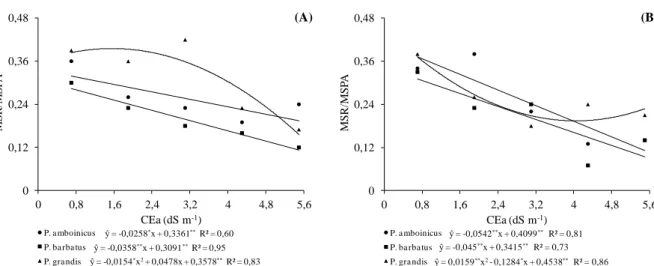 Figura 1.4 – Relação MSR/MSPA em três espécies medicinais do gênero Plectranthus cultivadas em  telado  com  50%  de  luminosidade  (A)  e  pleno  sol  (B),  e  submetidas  a  níveis  crescentes  de  condutividade elétrica na água de irrigação