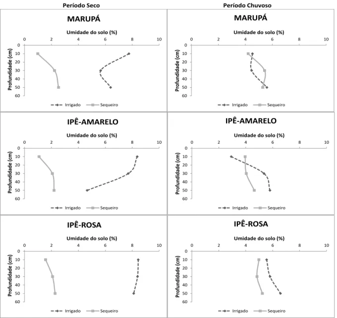 Figura 11 - Perfil de umidade do solo nas áreas irrigadas e de sequeiro plantadas com Marupá  (Simarouba  amara  Aubl.),  Ipê-Amarelo  (Tabebuia  serratifolia  (Vahl.)  Nich.)  e  Ipê-Rosa  (Tabebuia impetiginosa) nos períodos seco e chuvoso