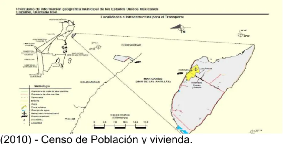 Figura 01: Localização da Ilha de Cozumel no Mar do Caribe e posição em relação ao estado de Quintana-Roo
