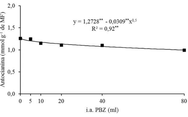 Figura 4  –   Antocianina  em  plantas  de  Adenium  obesum  em função de diferentes  doses de  PBZ