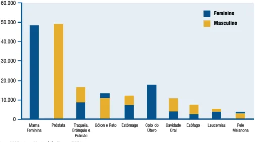 Figura 1 - Tipos de câncer mais incidentes, estimados para o ano de 2008, na população  brasileira, sem pele não melanoma