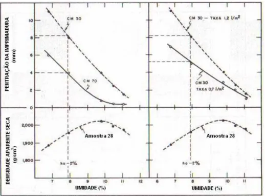 Figura 3.1: Penetração da imprimação em função do teor de umidade e da taxa de  aplicação e do tipo de ligante betuminoso utilizado (NOGAMI,  VILLIBOR e FABBRI, 1989)