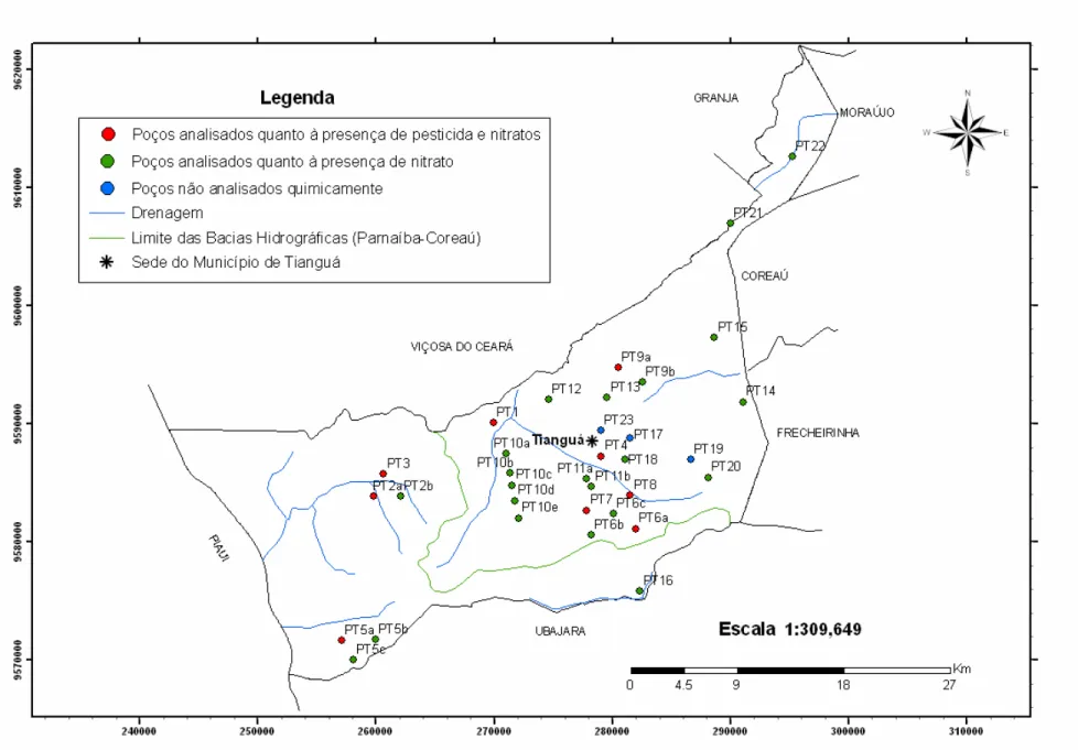 FIGURA 19 – Mapa do município de Tianguá com a localização dos poços monitorados nesta pesquisa.