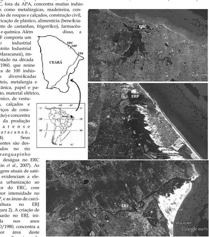 Figura 2 ­ Localização geográica do estado do Ceará no nordeste do Brasil, e dos estu- estu-ários dos rios Ceará (ERC), Pacoti (ERP) e Jaguaribe (ERJ), detalhados pelas fotograias  aéreas de imagem de satélite