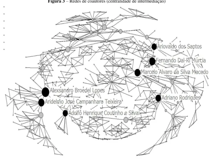 Figura 3  –  Redes de coautores (centralidade de intermediação) 