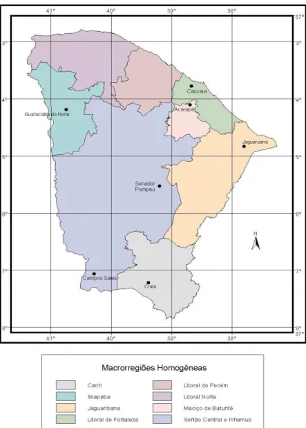 FIGURA 3.1 – As macrorregiões e sua localização geográfica dos postos (Fonte: Fundação Cearense de  Meteorologia e Recursos Hídricos – FUCEME)