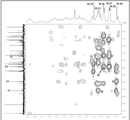 Figura 40:  Expansão do  espectro  de correlação heteronuclear  1 H,  13 C  – HMBC  (500,  125 MHz, CDCl 3 ) de P-4  HO CH 3H3C CH 3 CH 3CH3OH357141724cb48ad2118282625H-19 H-18H-21H-26 H-27H-2817242514badc