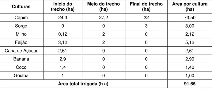 Tabela 2 - Áreas irrigadas na região a jusante da parede do açude Joaquim Távora,  2013