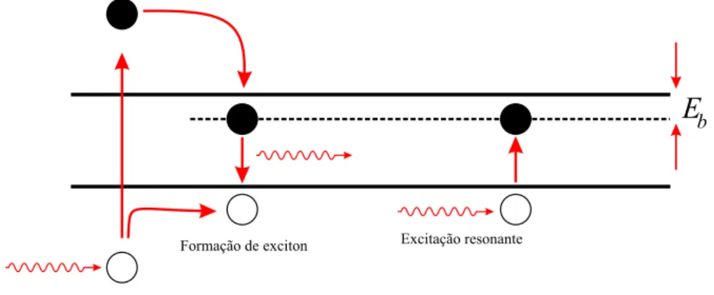 Figura 1.11: Representa¸c˜ ao esquem´atica de gera¸c˜ ao de excitons. Figura reproduzida a partir da Referˆencia [15].