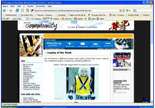 Fig. 5 - Portal de cultura japonesa (em inglês). No centro, “O cosplay da  semana”.  No  topo,  um  link  para  acessar  a  comunidade  virtual  do  site