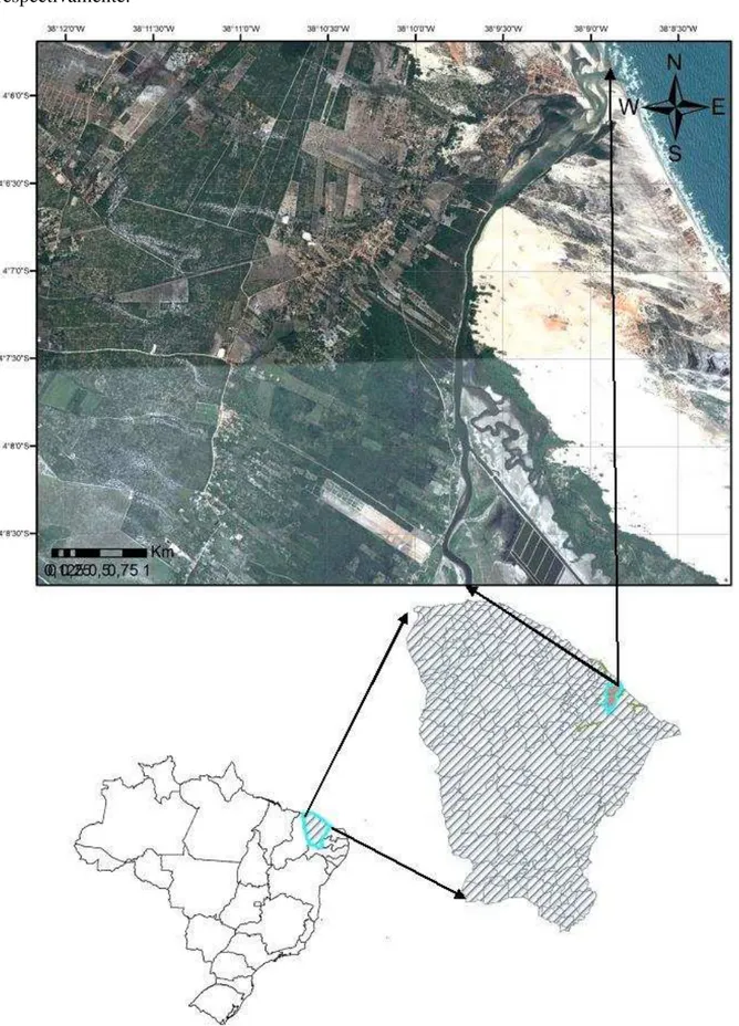 FIGURA 1. Estuário do Rio Choró, Cascavel/Beberibe, Ceará. Fonte: Autor (Imagem obtida e  modificada do Google Earth Pro)