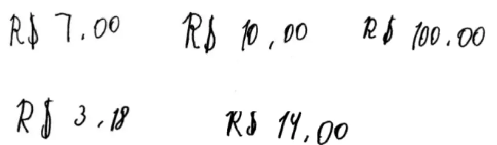 FIGURA 10 – Representação escrita do sistema monetário brasileiro da criança A  Fonte: Pesquisa da autora 