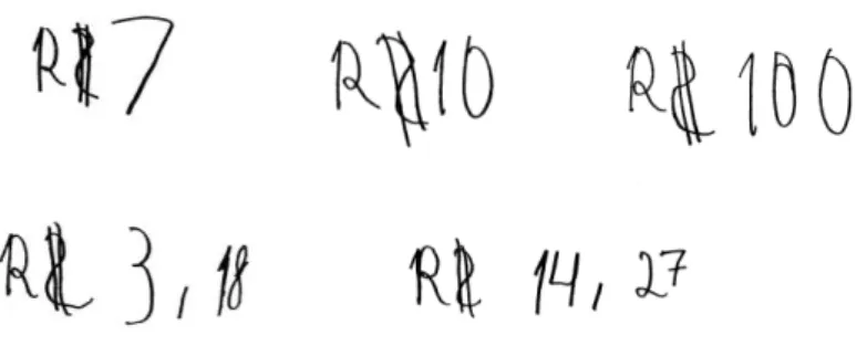 FIGURA 11 – Representação escrita do sistema monetário brasileiro da criança B  Fonte: Pesquisa da autora 