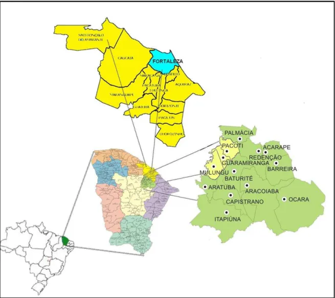 Figura  1  –  Localização  dos  municípios  estudados  quanto  à  comunidade  de  abelhas  Euglossina  (Hymenoptera: Apidae) no estado do Ceará