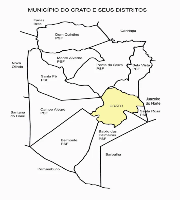 FIGURA 2 - Mapa do Município do Crato, sede e zona rural, segundo a distribuição das  equipes de Saúde da Família da zona rural