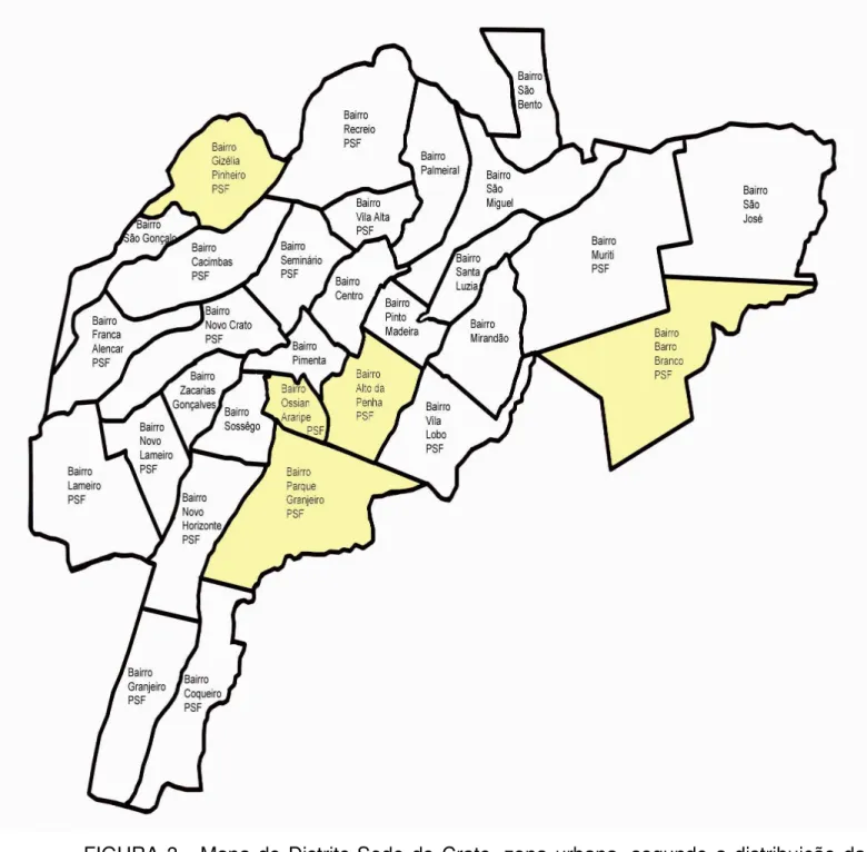 FIGURA 3 - Mapa do Distrito-Sede do Crato, zona urbana, segundo a distribuição das  equipes de Saúde da Família