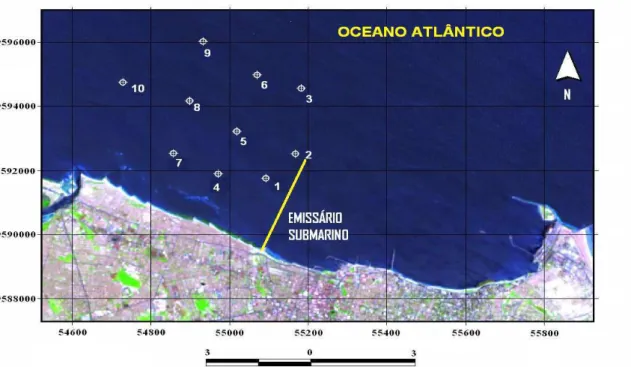 Figura  3.  Mapa  da  região  costeira  de  Fortaleza,  destacando  o  emissário  submarino  e  a  distribuição dos pontos de coleta (Adaptado do Relatório CAGECE, 2005)