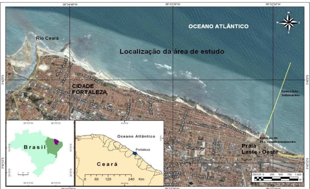 Figura 4. Mapa do litoral de Fortaleza, mostrando a localização geográfica da área onde se desenvolveu o estudo