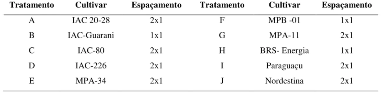 Tabela 6  –  Distribuição e descrição dos dez genótipos avaliados e diferentes espaçamentos em  Pentecoste-CE, 2012
