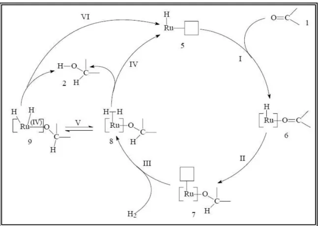 Figura 8. Esquema catalítico generalizado para a hidrogenação de duplas polares. [110]