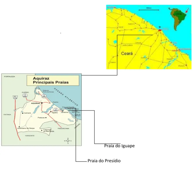 Figura  1  -  Mapa  do  Brasil  abrangendo  o  Estado  do  Ceará  com  o  litoral  Leste  localizando  a  praia do Iguape e a praia do Presídio