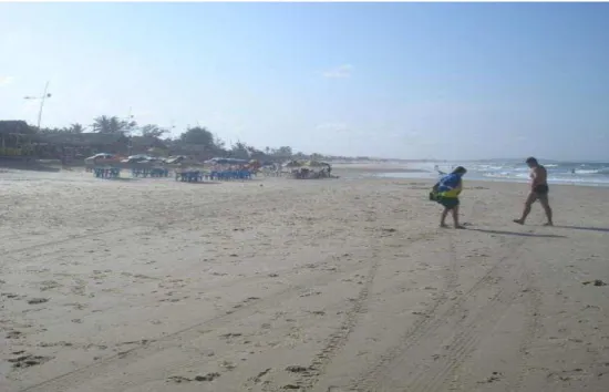 Figura 2-Ponto de coleta de água, areia seca e molhada na praia do Iguape em frente às  barracas, Aquiraz- CE  