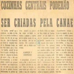 Fig. 15 -  COZINHAS CENTRAIS poderão ser  criadas pela CANAE. Fonte:  Jornal  O Povo,  04/07/1968.