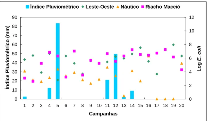 Figura 8: Variabilidade do log de Escherichia coli e do índice pluviométrico na região de estudo