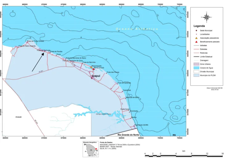 Figura 6 – Mapa com vias de acesso às principais localidades do município de Icapuí – CE e indicação da praia de Redonda.