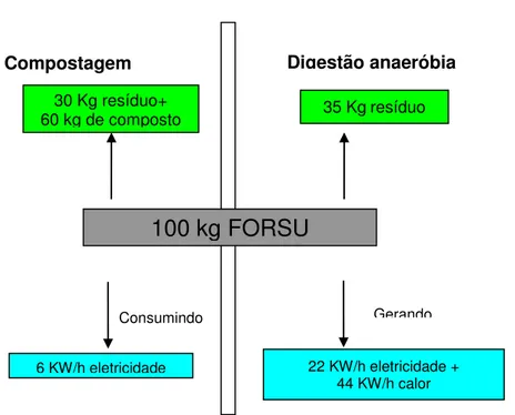 Figura  1  –   Rendimento  da  compostagem  e  da  tecnologia  da  digestão  anaeróbia  para  tratamento  de  100  kg  de  FORSU  (fração  orgânica  dos  resíduos  sólidos  urbanos) 