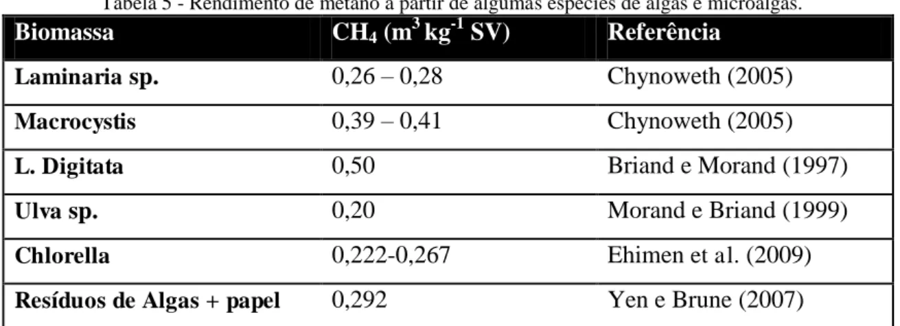 Tabela 5 - Rendimento de metano a partir de algumas espécies de algas e microalgas. 