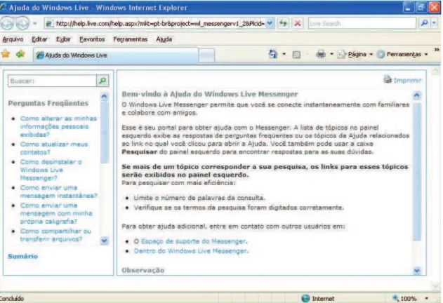 Figura 5 – Janela com a ajuda do MSN. 