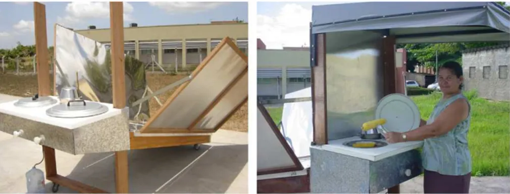 Fig. 3. Photographs of the solar cooker with indirect heating made and tested in Northeast Brazil (1.7 m 2 solar collector, without storage tank, for outdoor use)