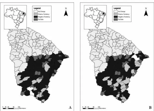 Figure 4 - Map of annual rainfall trend (A) and rainfall trend in dry season (B) in the Jaguaribe River watershed in the  period 1960-2008 (source: author’s collection)