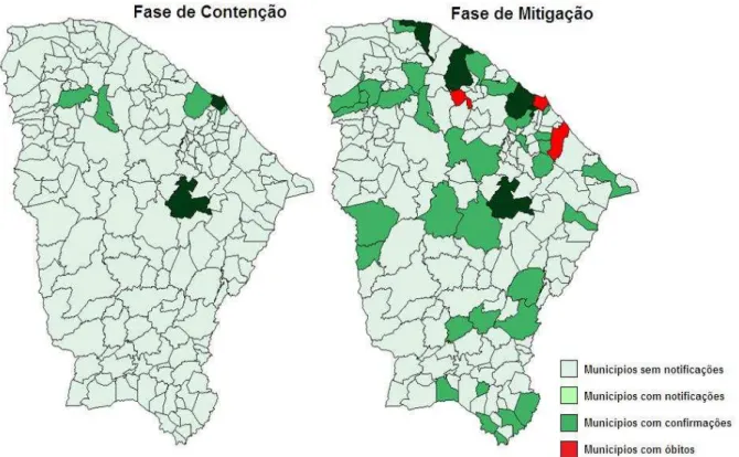 Figura 11. Municípios com casos notificados e confirmados de influenza A (H1N1) 2009, por  fase pandêmica, 2009-2010, Ceará