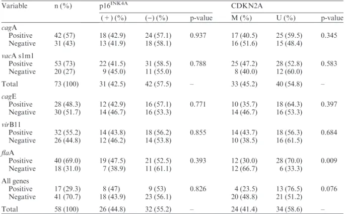 Table 4. Distribution of the p16 INK4A detection and CDKN2A methylation according to the Helicobacter pylori genes