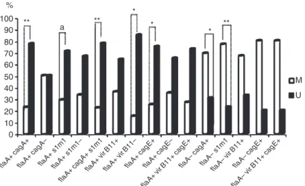 Fig. 2. Distribution of the CDKN2A methylation status according to the Helicobacter pylori genes