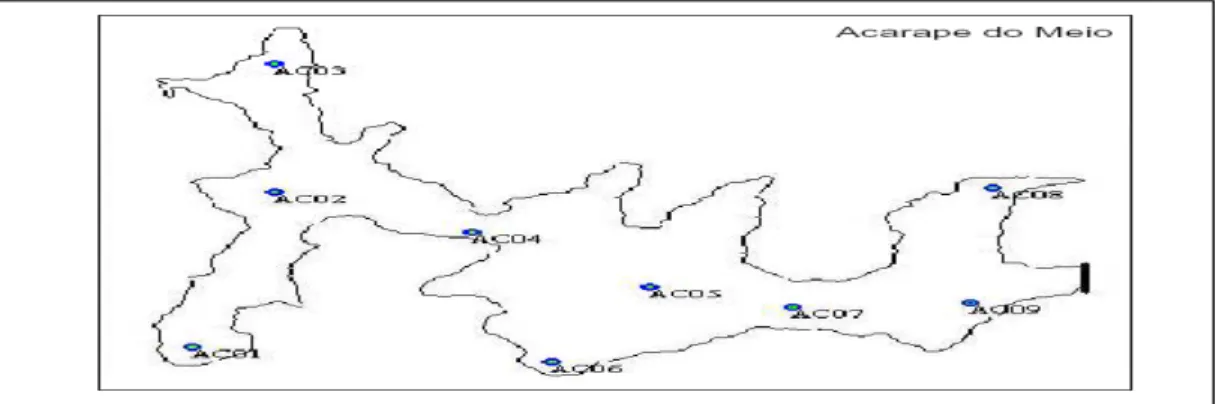 Figura 2 - Localização das coordenadas dos pontos de coleta do açude Acarape do Meio. Fonte: 