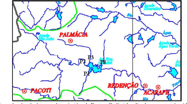 Figura 1 – Açude Acarape do meio (Açude Eugene Gudim) localizado no centro. As cidades de  Palmácia e Pacoti a montante e Redenção a jusante